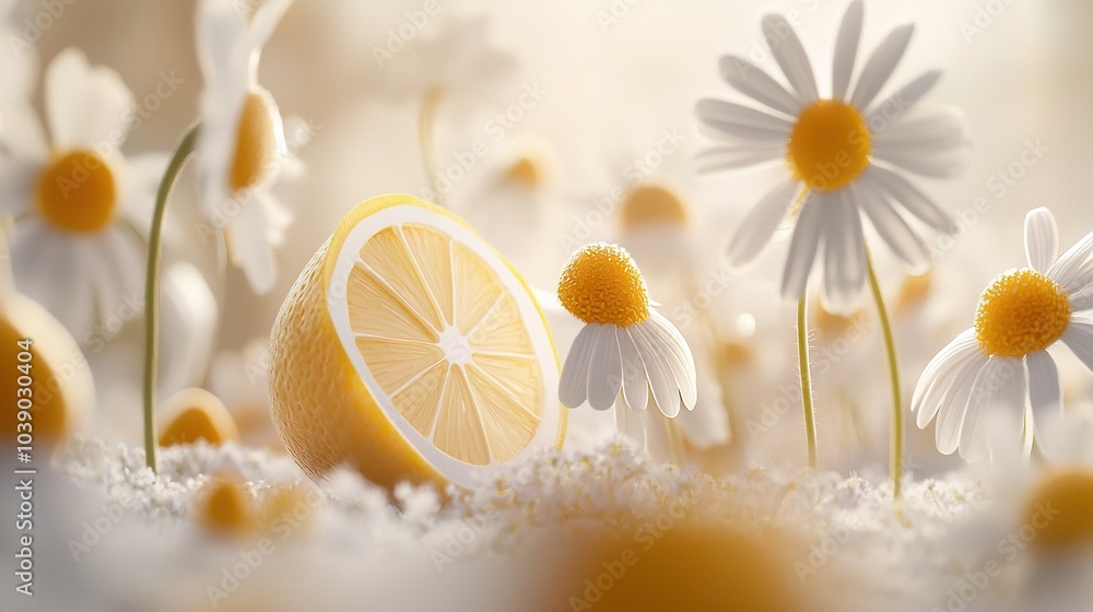 A lemon perched on daisies against a daisy-filled backdrop A lemon perched on daisies against a daisy-filled backdrop