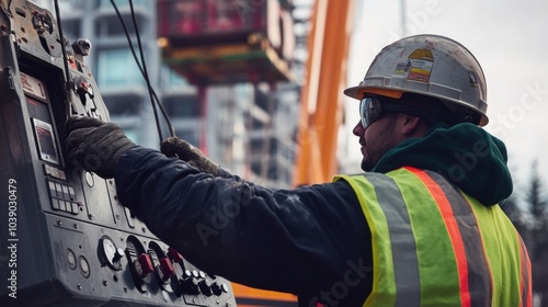 A crane operator in a high-visibility vest and helmet, adjusting crane controls with a visible load being lifted in the background, Construction site scene photo