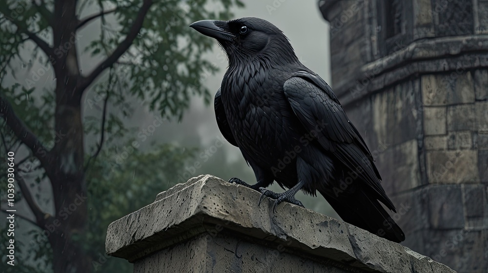 Fototapeta premium A solitary crow stands on a stone ledge gazing into the distance while surrounded by a misty forest and an ancient structure in the early morning light