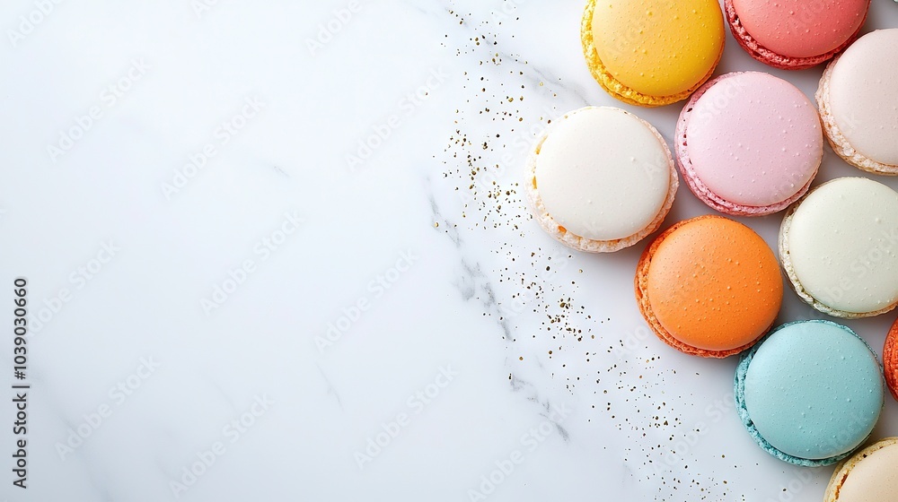 Colorful Macaroons Piled on White Countertop Next to Marble Colorful Macaroons Piled on White Countertop Next to Marble