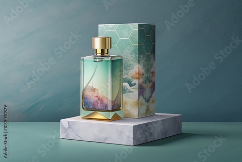 Packaging Box Design with Bottle for Perfume and Cosmetic Realistic Design Mockup
