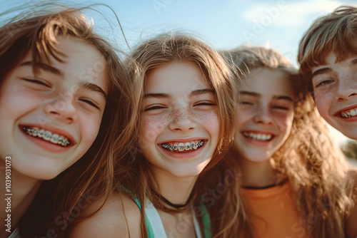 A group of teenagers with braces smiling happily at the camera while standing outside