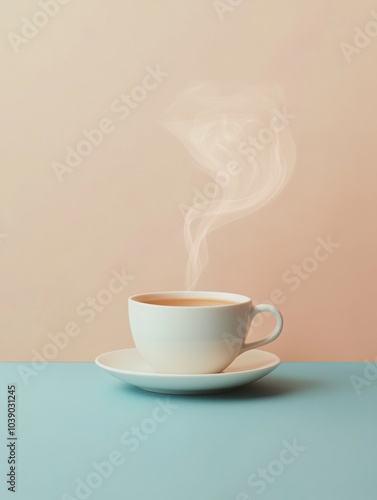 Warm tea fills a delicate cup on a pastel blue surface, with soft, curling steam wafting upwards in a tranquil atmosphere. Generative AI