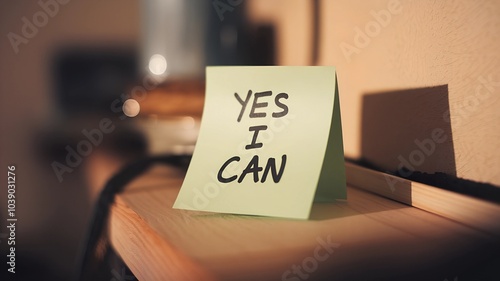 Sticky Note Page, Yes, I Can word Motivatio Quort on Yellow Sticky note on top of Table board Close Photography. photo