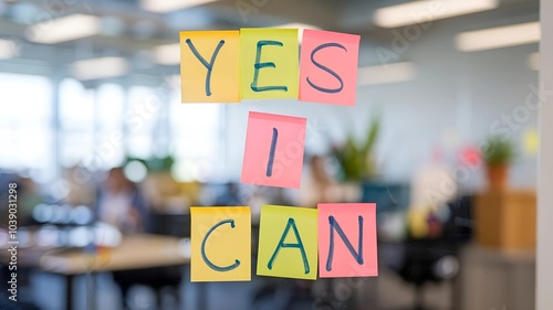 Sticky Note Page, Yes, I Can word Motivatio Quort on Yellow Sticky note on top of Table board Close Photography. photo