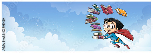 Φωτογραφία Niño superhéroe volando con libros en el cielo