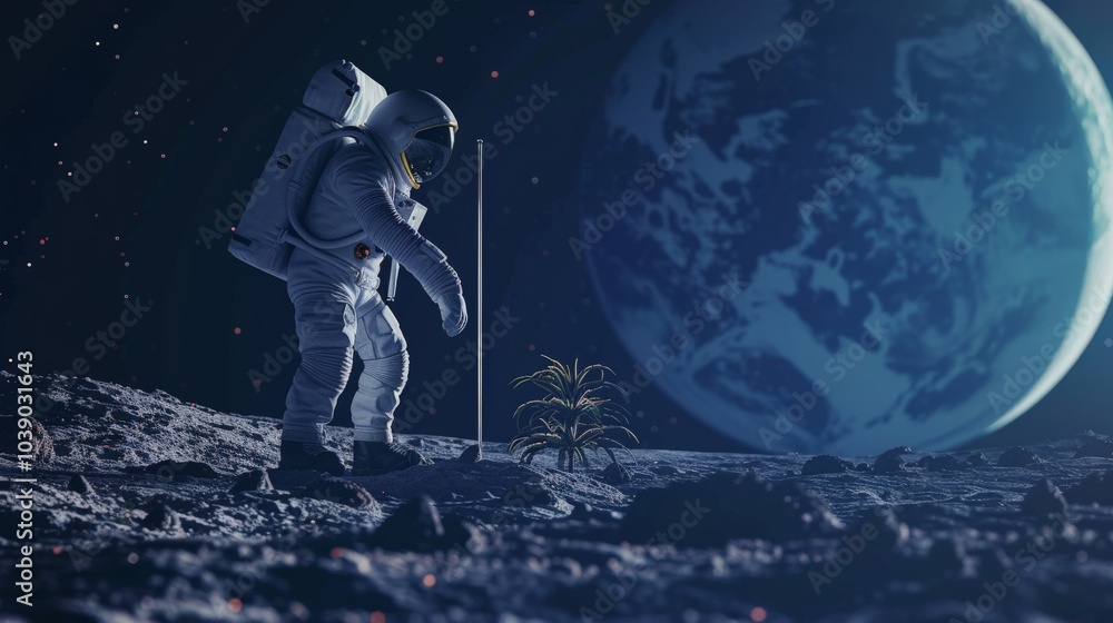 An astronaut planting a flag on the moon, with Earth in the distance An astronaut planting a flag on the moon, with Earth in the distance