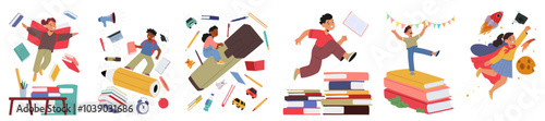 Children Express Enthusiasm And Joy For The New School Year Through Playful Activities Surrounded By Books And Supplies