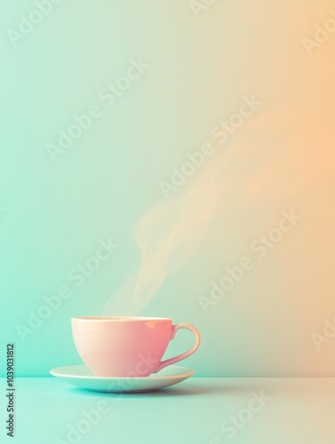 A tea cup sits elegantly on a saucer, emitting gracefully curved steam, creating a tranquil atmosphere in a softly colored environment. Generative AI