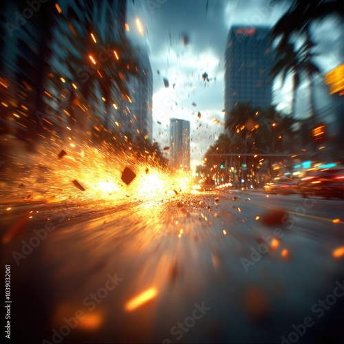 Explosive action unfolds on urban streets during a dramatic late afternoon in a bustling city