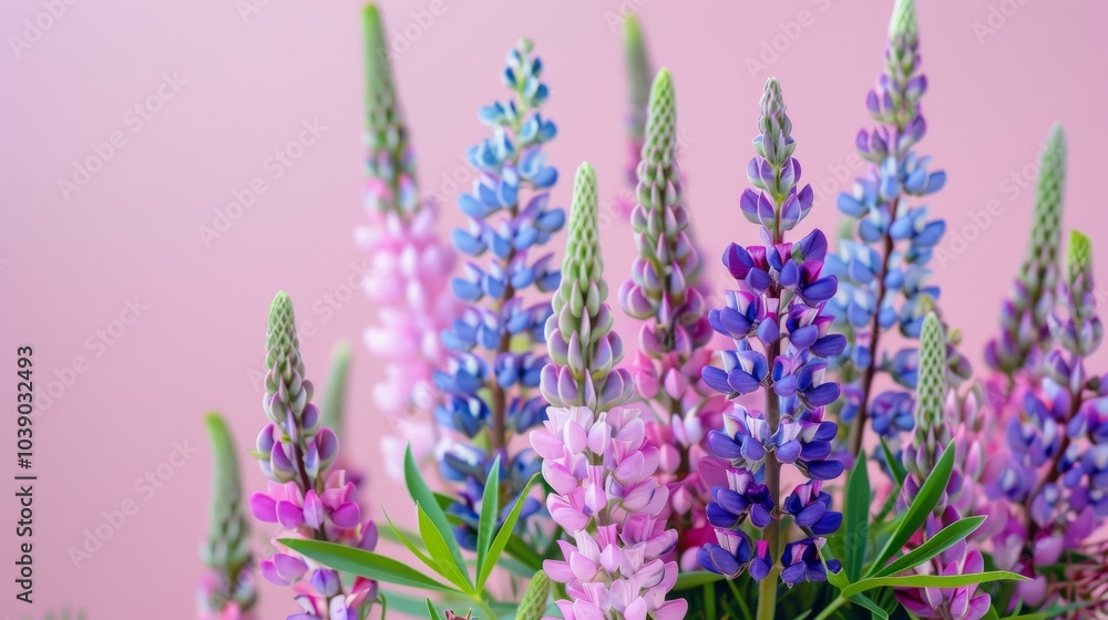 Obraz premium Vibrant lupine flowers on soft pink background, showcasing colorful blossoms and natural beauty for spring themes