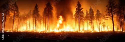 Intense forest fire blazes through trees under a darkening sky at sunset