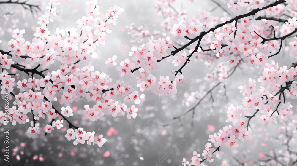 Delicate cherry blossoms in soft pink and white, contrasted by bold black branches, with subtle shading adding depth and elegance. Copy space Delicate cherry blossoms in soft pink and white, contrasted by bold black branches, with subtle shading adding depth and elegance. Copy space