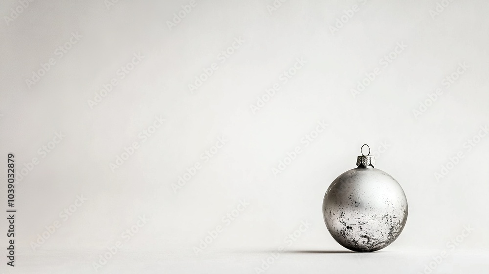 A silver ornament rests atop a table adjacent to a white wall and a monochromatic backdrop A silver ornament rests atop a table adjacent to a white wall and a monochromatic backdrop
