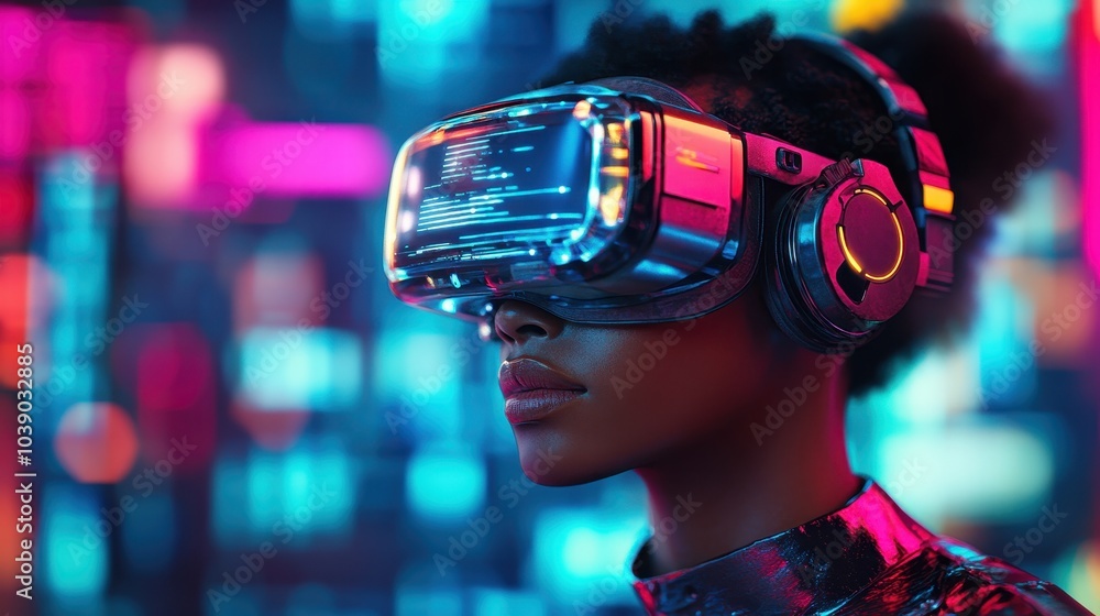 A fictitious image of a black woman in cyberpunk attire, with a headset and other accessories. futuristic, high tech man from the future. Cyberpunk and the illustration of virtual reality are examples A fictitious image of a black woman in cyberpunk attire, with a headset and other accessories. futuristic, high tech man from the future. Cyberpunk and the illustration of virtual reality are examples
