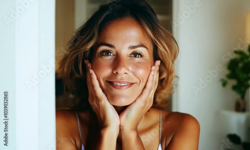 Middle aged woman with eyes closed enhoying her agge and glowing healthy skin aging gracefully photo