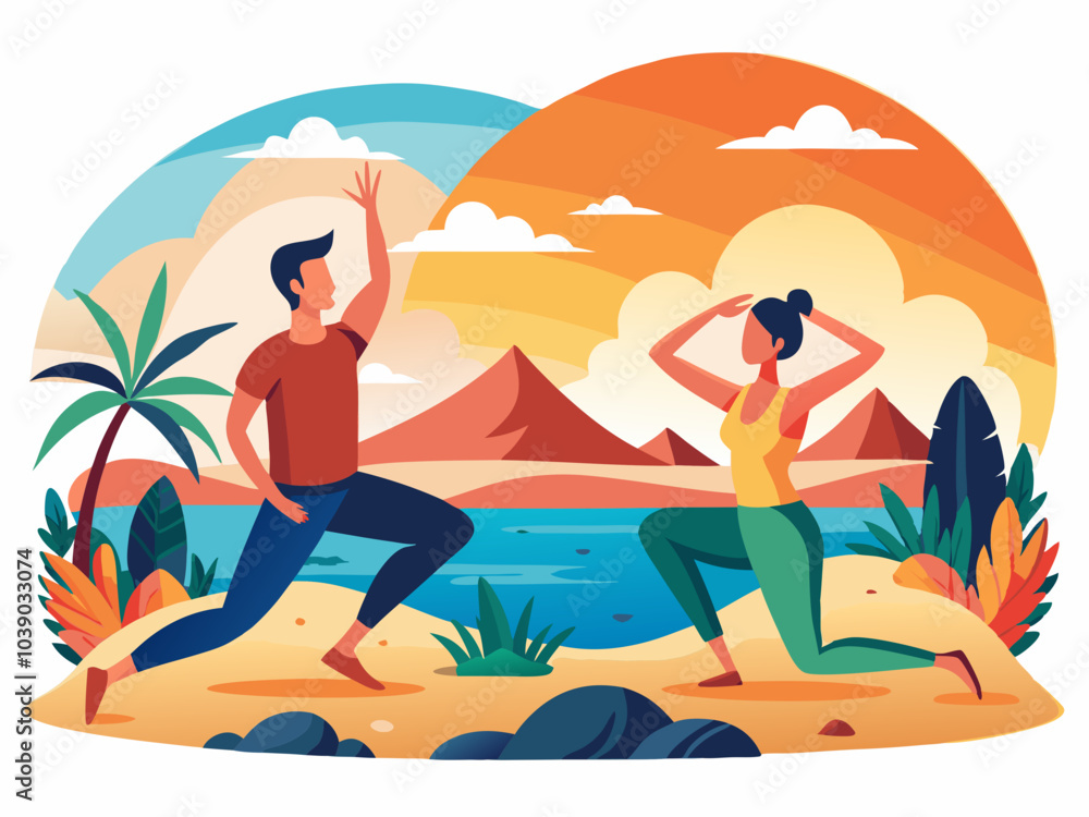 People practicing yoga in a serene landscape by the water during sunset near mountains and palm trees People practicing yoga in a serene landscape by the water during sunset near mountains and palm trees