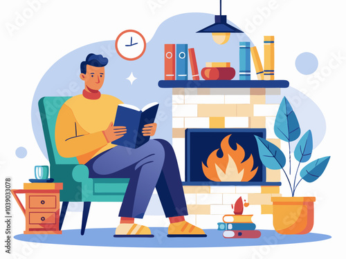 Relaxing by the fireplace while reading a book in a cozy living room filled with plants and bookshelves during a peaceful evening at home