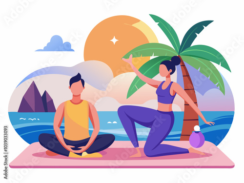 Two individuals practicing yoga by the beach during sunset, with palm trees and ocean waves in the background