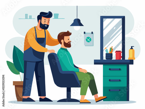 A barber styles a man's hair in a modern salon setting with a mirror and colorful products on the counter during the daytime