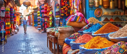 Colorful Moroccan Market Street with Vibrant Spices and Textiles