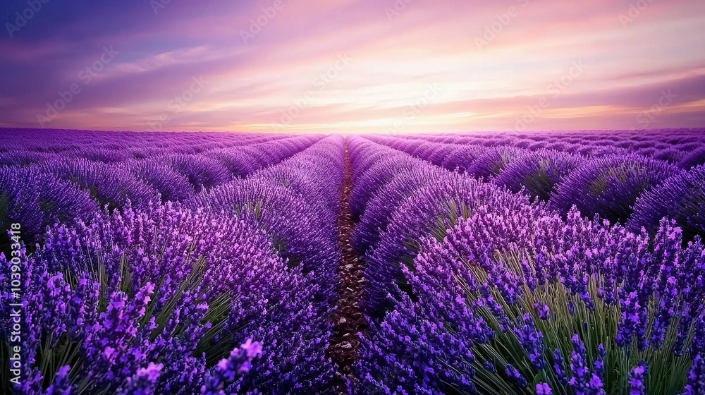 Obraz premium A field brimming with purple lavender blooms beneath a vivid purple sky, bathed in sunlight filtering through distant cloudy gaps