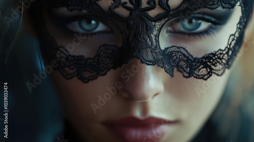 mysterious woman with intense gaze wearing an intricate lace mask