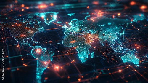 Digital World Map with Interconnected Nodes and Glowing Lights