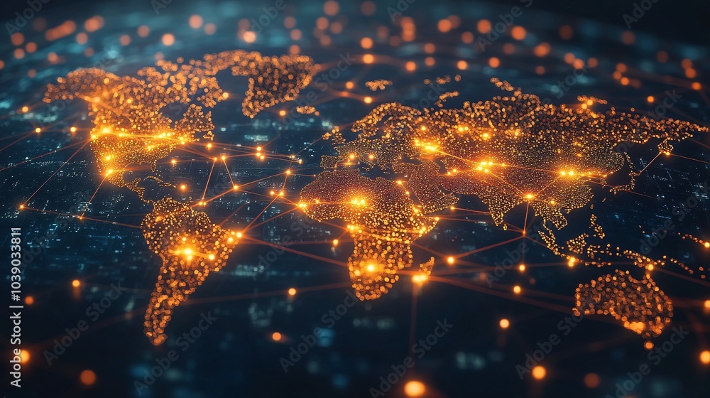 Obraz premium A glowing, interconnected world map with lines representing connections.