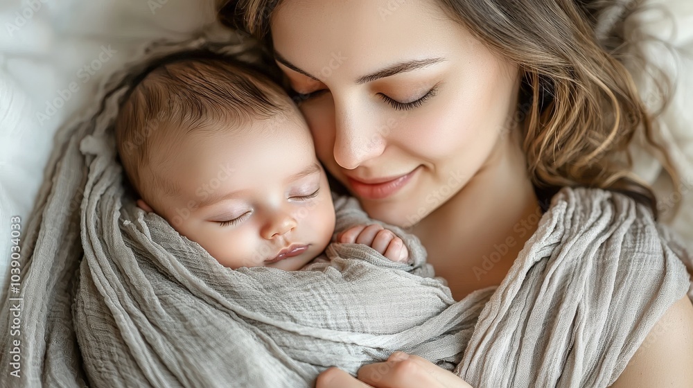 Tender Moment Between Mother and Sleeping Baby Tender Moment Between Mother and Sleeping Baby