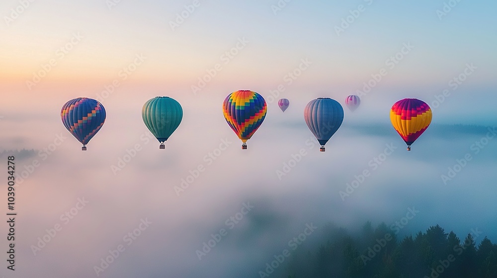 Obraz premium A group of hot air balloons flying above a foggy forest at dawn with low-lying clouds