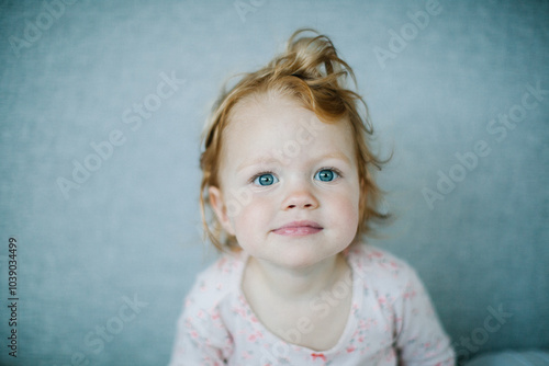 Aesthetic minimalistic Portrait of a cute happy ginger-haired blue-eyed baby girl in pyjamas after her nap