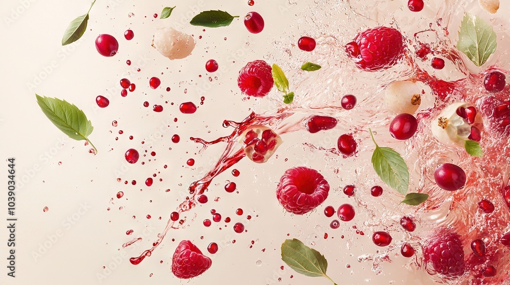 Fototapeta premium Raspberries, leaves, water, and ice on a white surface with a splash of water