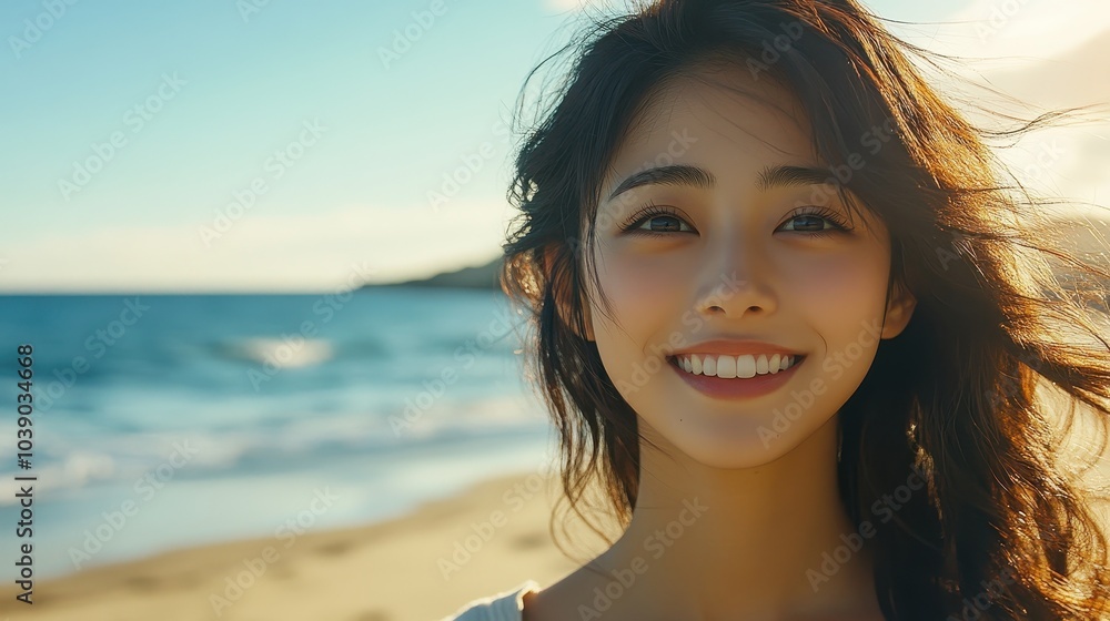 A young Japanese woman (beautiful model) smiling and looking at the camera at the beach/seaside A young Japanese woman (beautiful model) smiling and looking at the camera at the beach/seaside