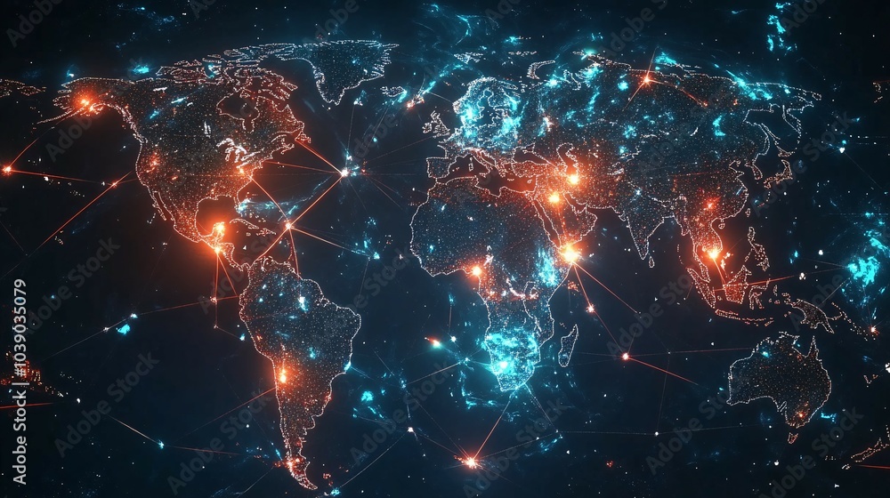 A Stylized World Map with Illuminated Cities and Interconnected Lines A Stylized World Map with Illuminated Cities and Interconnected Lines