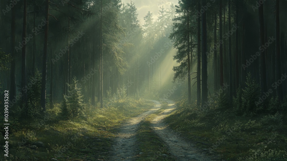 Fototapeta premium Sunbeams Filtering Through a Foggy Forest Path