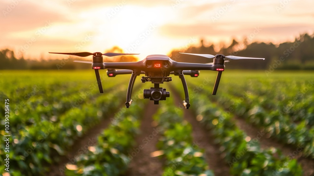 A wide-angle shot of an advanced crop-scouting drone flying over a field, identifying pests and diseases with high precision A wide-angle shot of an advanced crop-scouting drone flying over a field, identifying pests and diseases with high precision