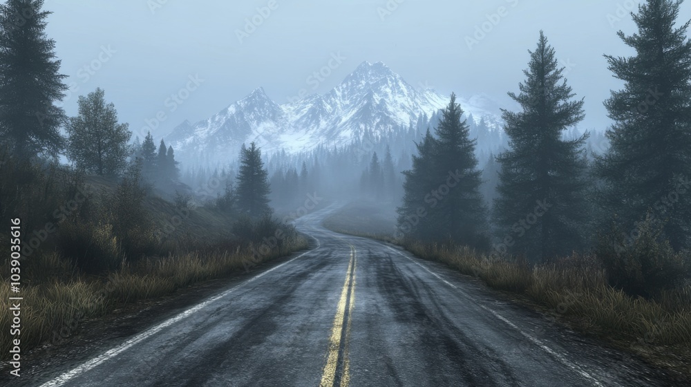 A Winding Road Through a Foggy Mountain Forest A Winding Road Through a Foggy Mountain Forest