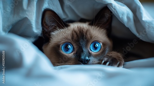 a burmese cat peeks from the sheet with blue eyes photo