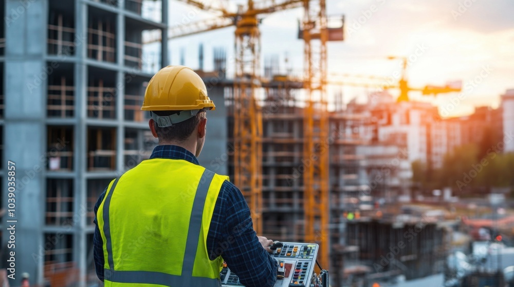 A crane operator in a neon yellow vest and helmet, controlling the crane鈥檚 arm with visible lifting equipment and construction site activities in the background, Construction site scene A crane operator in a neon yellow vest and helmet, controlling the crane鈥檚 arm with visible lifting equipment and construction site activities in the background, Construction site scene