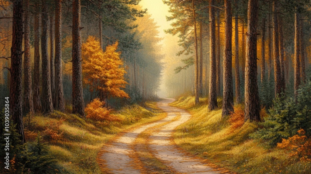 Obraz premium A Winding Path Through a Golden Autumn Forest