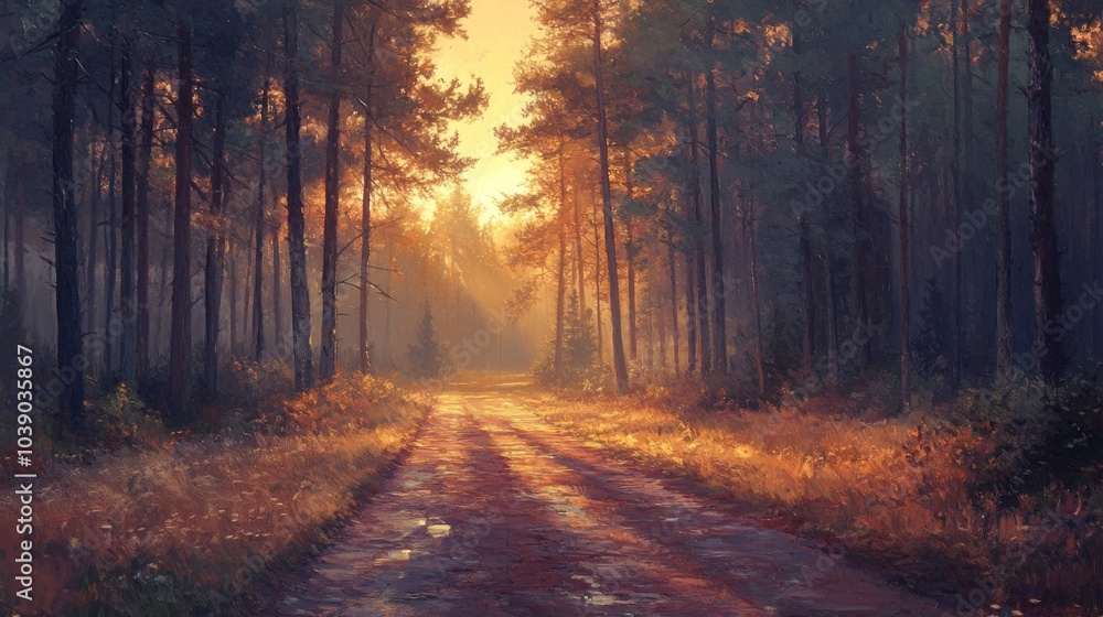 Fototapeta premium Sunlit Path Through a Misty Forest
