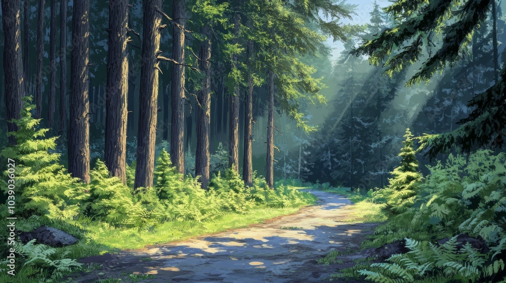 Obraz premium A Sunlit Path Through a Dense Forest