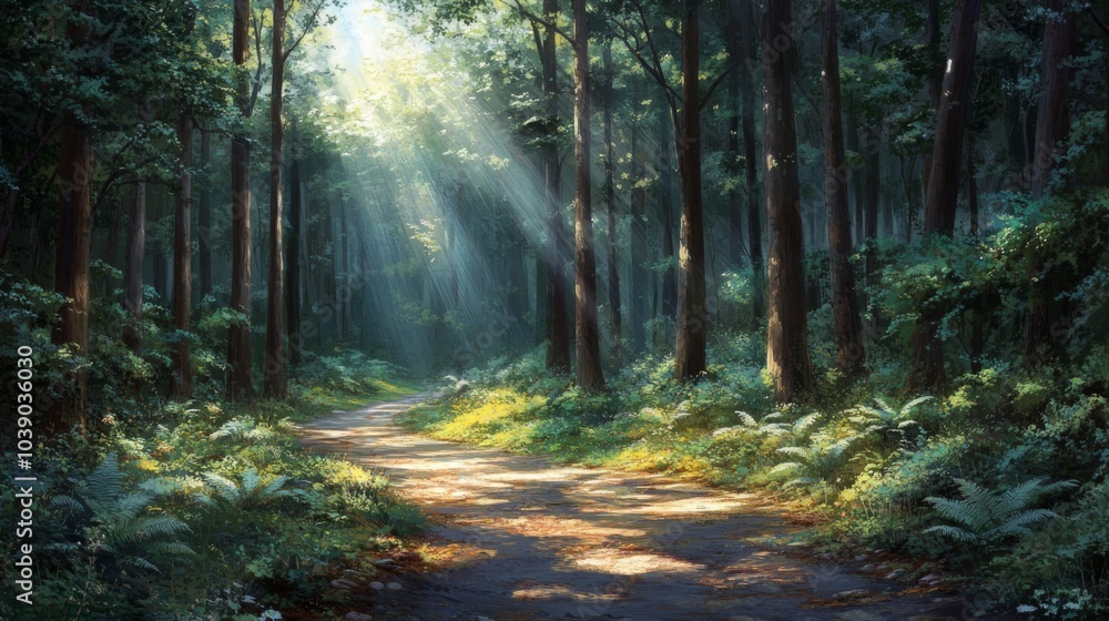 Obraz premium Sunbeams Shining Through a Forest Path