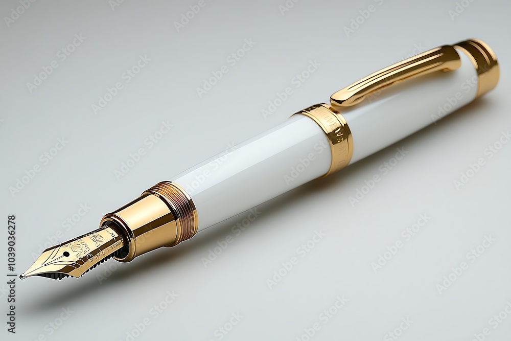 A white and gold fountain pen lies on a pristine white surface. A white and gold fountain pen lies on a pristine white surface.