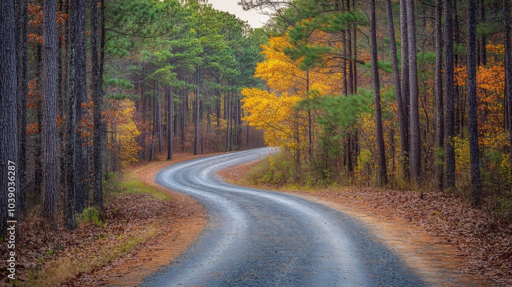 Fototapeta premium Winding Gravel Road Through Autumnal Forest
