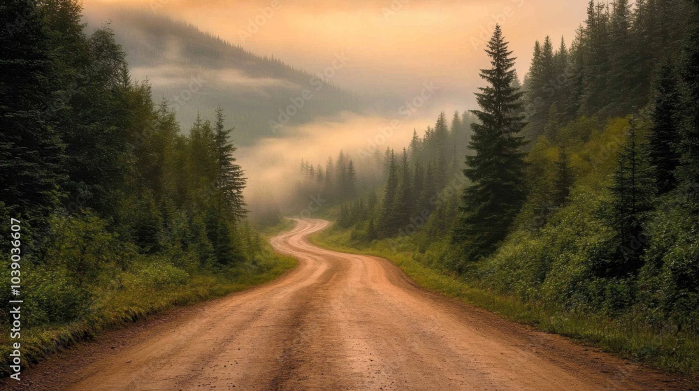 Naklejka premium Winding Dirt Road Through Misty Forest at Sunset
