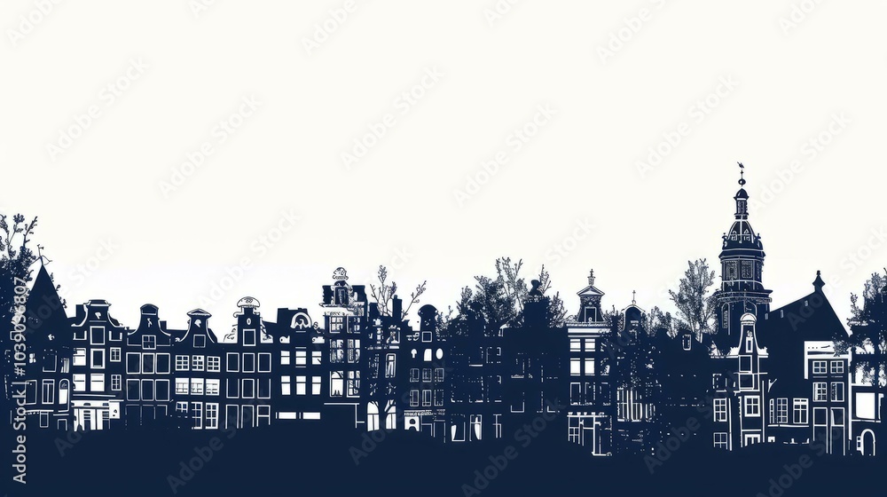 Obraz premium Silhouette of Amsterdam city skyline with historic buildings and trees against clear sky, black and white illustration