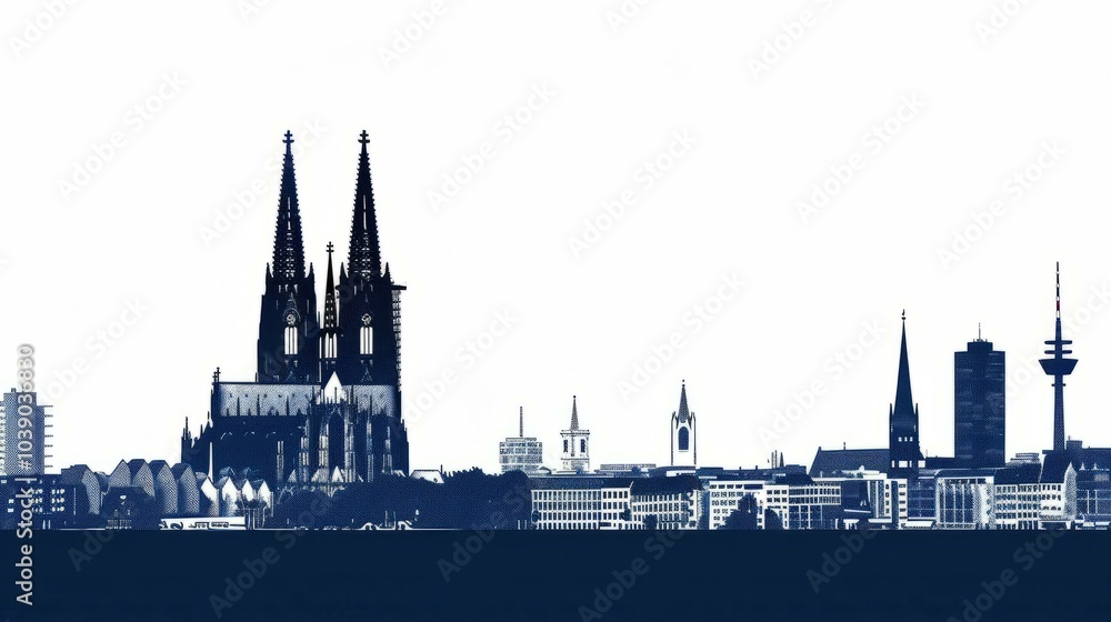 Naklejka premium Silhouette of Cologne skyline featuring iconic cathedral and landmarks in Germany for commercial use