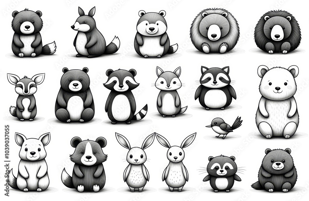 Simple Pencil Sketch with Friendly Hand-Drawn Animals and Characters Simple Pencil Sketch with Friendly Hand-Drawn Animals and Characters